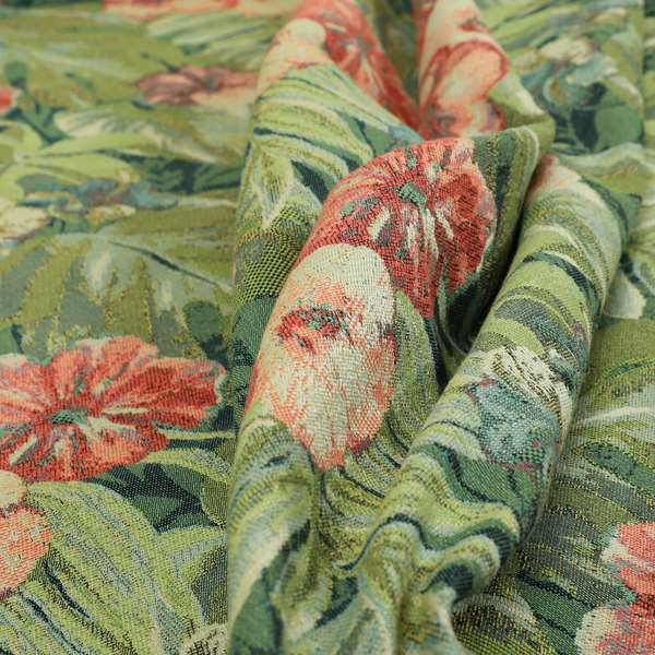 Garden Full Of Red Pink Flowers Green Leafs Theme Pattern Chenille Material Upholstery Fabric JO-1370 - Made To Measure Curtains