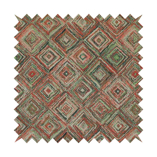 Cubed Geometric Inspired Pattern Green Pink Blue Coloured Chenille Upholstery Fabric JO-1372