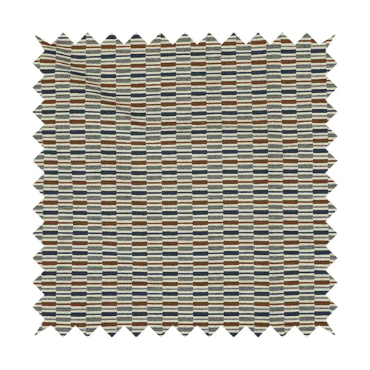 Layered Bricked Geometric Pattern Blue Brown Grey Coloured Chenille Upholstery Furnishing Fabric JO-1373