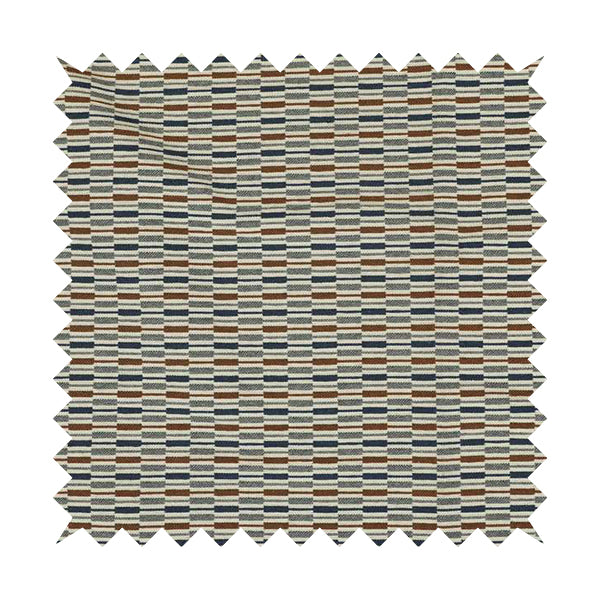 Layered Bricked Geometric Pattern Blue Brown Grey Coloured Chenille Upholstery Furnishing Fabric JO-1373 - Made To Measure Curtains