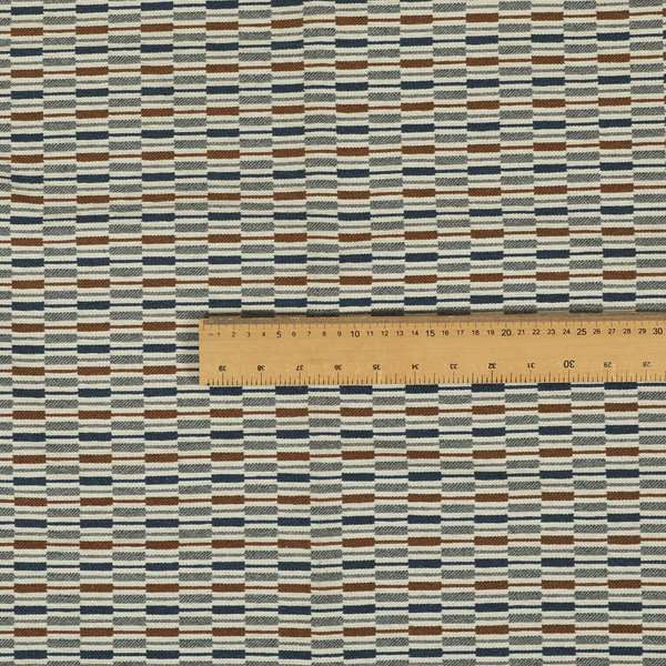 Layered Bricked Geometric Pattern Blue Brown Grey Coloured Chenille Upholstery Furnishing Fabric JO-1373 - Made To Measure Curtains