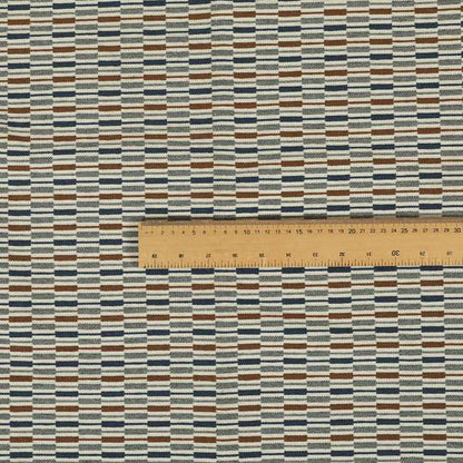 Layered Bricked Geometric Pattern Blue Brown Grey Coloured Chenille Upholstery Furnishing Fabric JO-1373 - Made To Measure Curtains