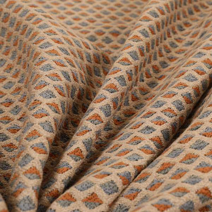 Small Geometric Pattern Beige Blue Orange Coloured Chenille Upholstery Fabric JO-1379 - Made To Measure Curtains