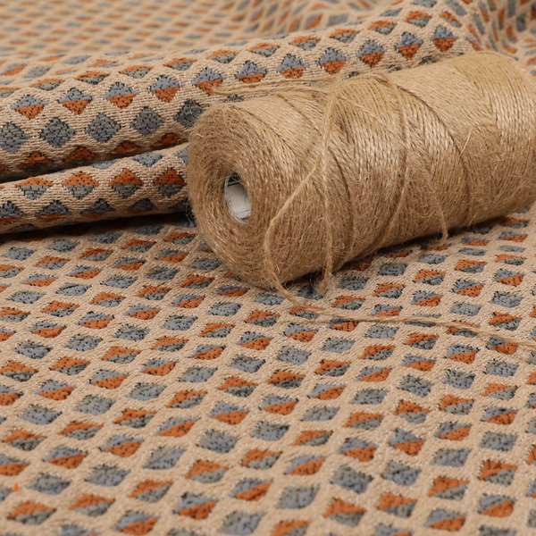 Small Geometric Pattern Beige Blue Orange Coloured Chenille Upholstery Fabric JO-1379 - Made To Measure Curtains