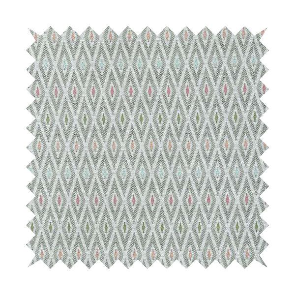 Uzbek Decorative Multi Coloured Diamond Design White Pink Green Peach Colour Soft Chenille Interior Fabric JO-138 - Made To Measure Curtains