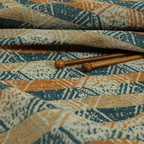 Geometric Tribal Theme Pattern Soft Chenille Blue Brown Orange Colour Upholstery Fabric JO-1383 - Made To Measure Curtains