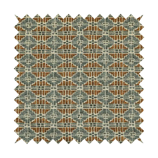 Symmetry Geometric Pattern Soft Chenille Blue Orange Colour Upholstery Fabric JO-1386