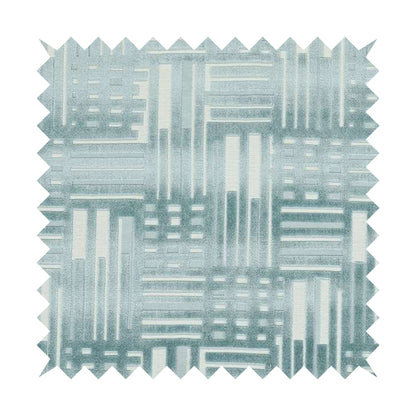 Geometric Striped Design White Blue Soft Textured Velvet Upholstery Furnishing Fabric JO-1388 - Roman Blinds