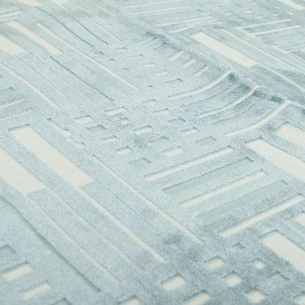 Geometric Striped Design White Blue Soft Textured Velvet Upholstery Furnishing Fabric JO-1388