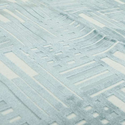 Geometric Striped Design White Blue Soft Textured Velvet Upholstery Furnishing Fabric JO-1388