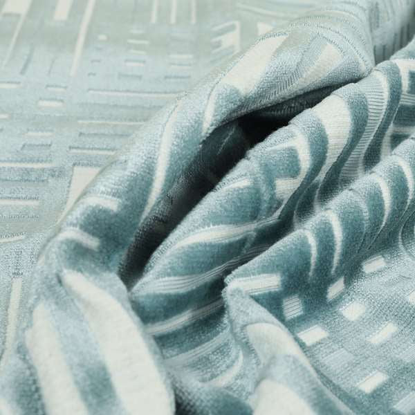 Geometric Striped Design White Blue Soft Textured Velvet Upholstery Furnishing Fabric JO-1388 - Made To Measure Curtains