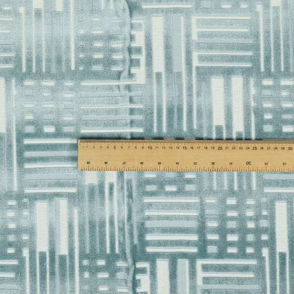 Geometric Striped Design White Blue Soft Textured Velvet Upholstery Furnishing Fabric JO-1388 - Roman Blinds