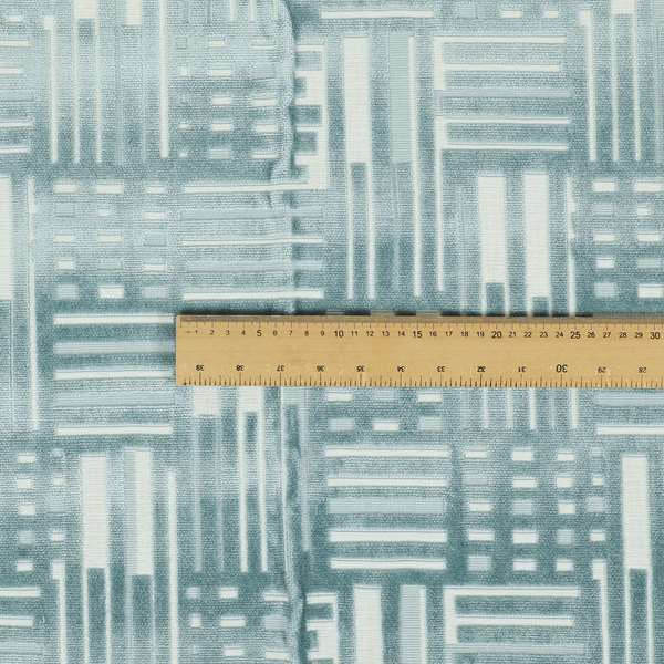 Geometric Striped Design White Blue Soft Textured Velvet Upholstery Furnishing Fabric JO-1388