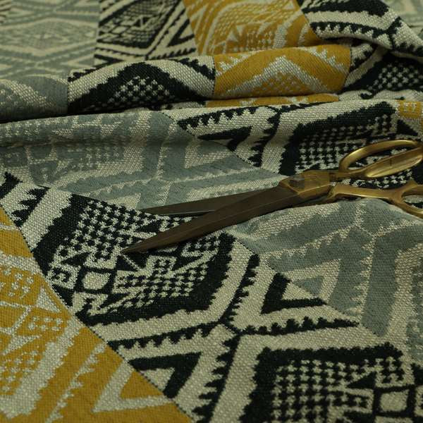 Striped Geometric Tribal Theme Pattern Soft Chenille Yellow Grey Black Colour Upholstery Fabric JO-1398 - Roman Blinds