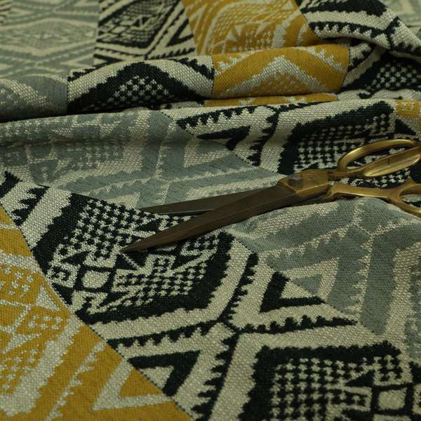 Striped Geometric Tribal Theme Pattern Soft Chenille Yellow Grey Black Colour Upholstery Fabric JO-1398 - Made To Measure Curtains