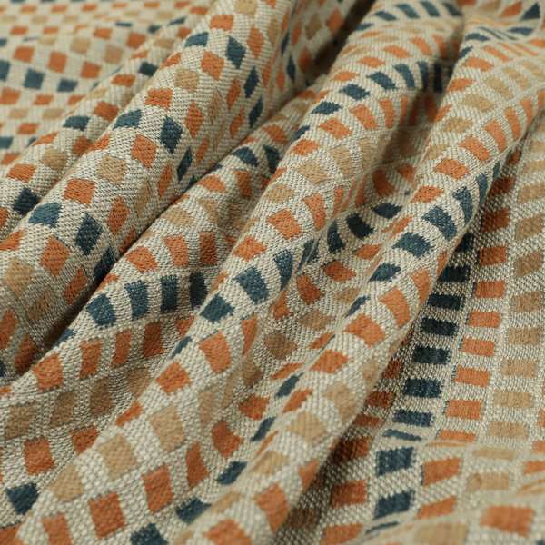 Small Polka Squares Symmetry Geometric Pattern Chenille Orange Blue Brown Chenille Upholstery Fabric JO-1401 - Made To Measure Curtains