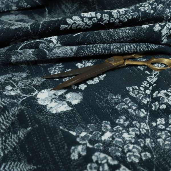 Floral Leaf Pattern Soft Chenille Blue Colour Chenille Upholstery Fabric JO-1406 - Made To Measure Curtains