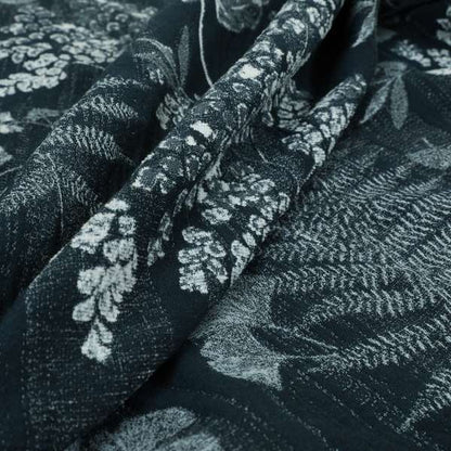 Floral Leaf Pattern Soft Chenille Blue Colour Chenille Upholstery Fabric JO-1406 - Made To Measure Curtains