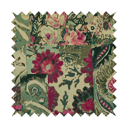 Floral Flower Inspired Patchwork Pattern Green Pink Teal Coloured Chenille Upholstery Fabric JO-1415 - Made To Measure Curtains