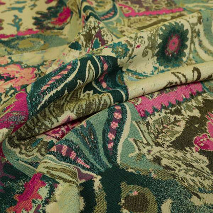 Floral Flower Inspired Patchwork Pattern Green Pink Teal Coloured Chenille Upholstery Fabric JO-1415 - Made To Measure Curtains