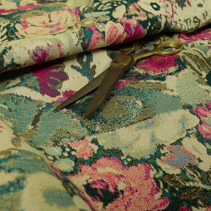 Floral Flower Inspired Patchwork Pattern Green Pink Teal Coloured Chenille Upholstery Fabric JO-1415 - Made To Measure Curtains