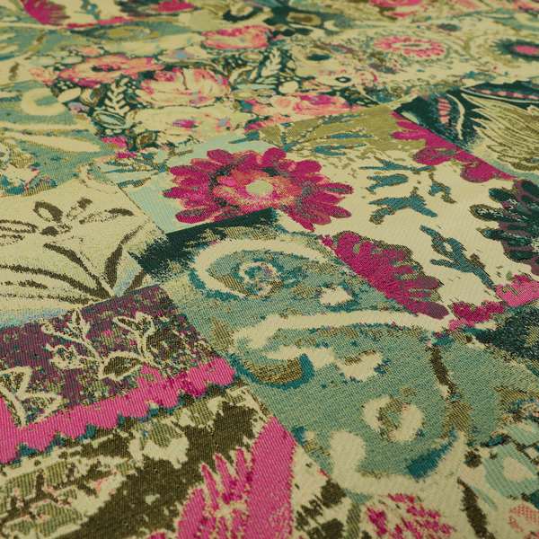 Floral Flower Inspired Patchwork Pattern Green Pink Teal Coloured Chenille Upholstery Fabric JO-1415 - Roman Blinds