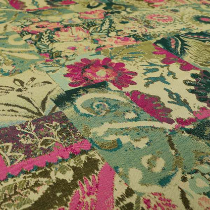 Floral Flower Inspired Patchwork Pattern Green Pink Teal Coloured Chenille Upholstery Fabric JO-1415 - Handmade Cushions