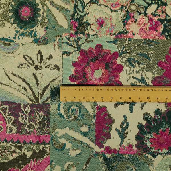 Floral Flower Inspired Patchwork Pattern Green Pink Teal Coloured Chenille Upholstery Fabric JO-1415 - Roman Blinds