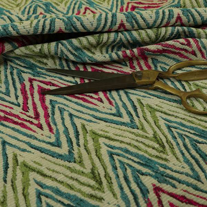 Chevron Striped Inspired Pattern Green Pink Blue Coloured Chenille Upholstery Fabric JO-1416 - Made To Measure Curtains