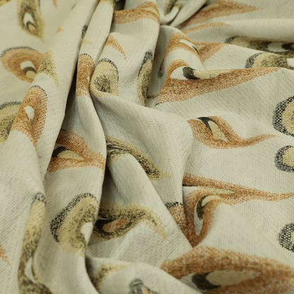 Peacock Feather Pattern White Orange Yellow Coloured Soft Chenille Textured Material Upholstery Fabric JO-1424