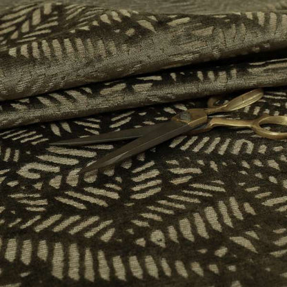 Palm Leaf Jungle Inspired Pattern Brown Coloured Soft Velvet Textured Upholstery Fabric JO-1426 - Roman Blinds