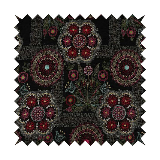 Zamorin Detailed Colourful Weave Patchwork Theme Pattern Black Multicoloured Chenille Fabric JO-1431