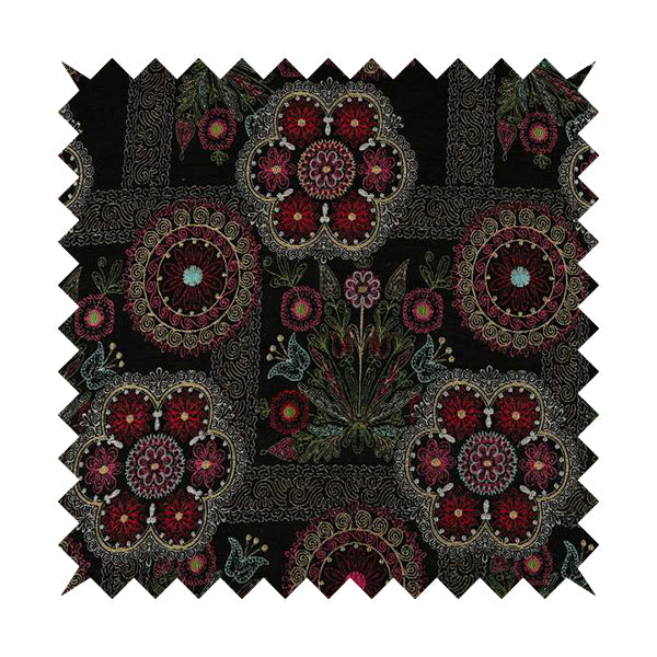 Zamorin Detailed Colourful Weave Patchwork Theme Pattern Black Multicoloured Chenille Fabric JO-1431 - Made To Measure Curtains