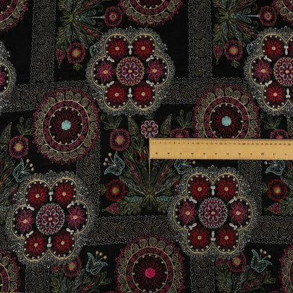 Zamorin Detailed Colourful Weave Patchwork Theme Pattern Black Multicoloured Chenille Fabric JO-1431 - Roman Blinds