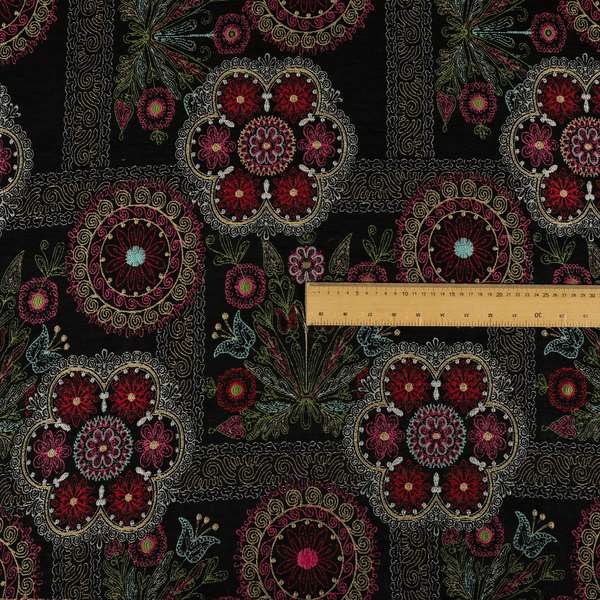 Zamorin Detailed Colourful Weave Patchwork Theme Pattern Black Multicoloured Chenille Fabric JO-1431 - Made To Measure Curtains