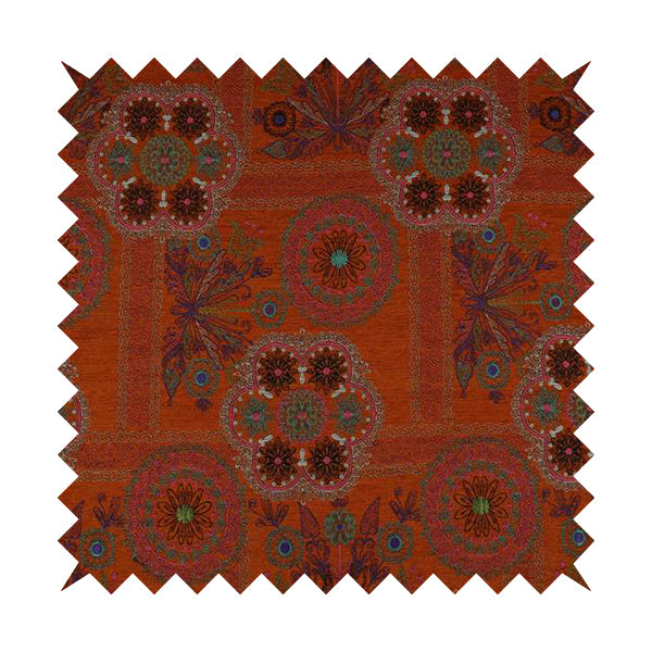 Zamorin Detailed Colourful Weave Patchwork Theme Pattern Orange Multicoloured Chenille Fabric JO-1432 - Made To Measure Curtains