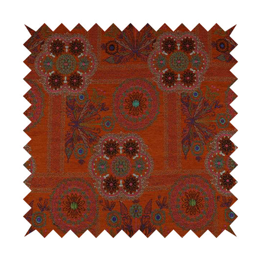Zamorin Detailed Colourful Weave Patchwork Theme Pattern Orange Multicoloured Chenille Fabric JO-1432