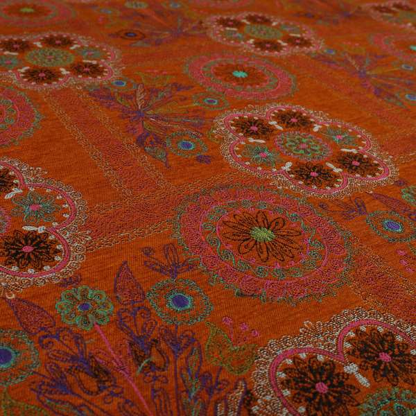 Zamorin Detailed Colourful Weave Patchwork Theme Pattern Orange Multicoloured Chenille Fabric JO-1432 - Made To Measure Curtains