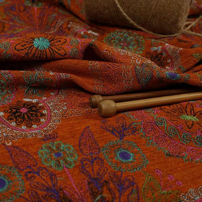 Zamorin Detailed Colourful Weave Patchwork Theme Pattern Orange Multicoloured Chenille Fabric JO-1432 - Made To Measure Curtains