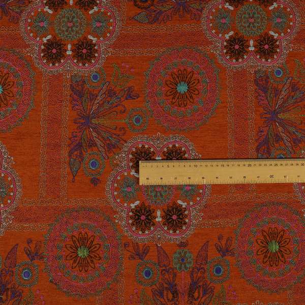 Zamorin Detailed Colourful Weave Patchwork Theme Pattern Orange Multicoloured Chenille Fabric JO-1432 - Made To Measure Curtains