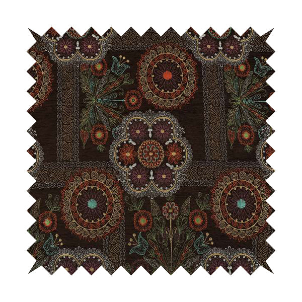 Zamorin Detailed Colourful Weave Patchwork Theme Pattern Brown Multicoloured Chenille Fabric JO-1433 - Roman Blinds