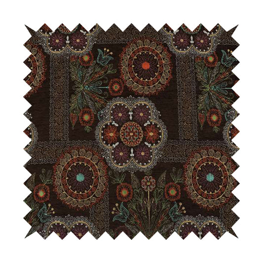 Zamorin Detailed Colourful Weave Patchwork Theme Pattern Brown Multicoloured Chenille Fabric JO-1433