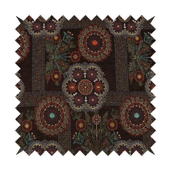 Zamorin Detailed Colourful Weave Patchwork Theme Pattern Brown Multicoloured Chenille Fabric JO-1433 - Made To Measure Curtains