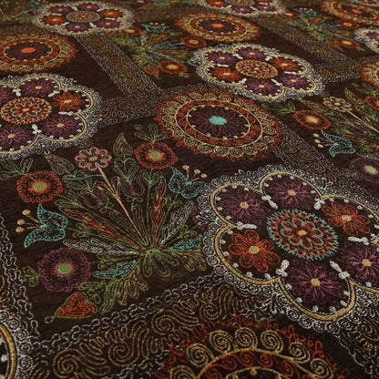 Zamorin Detailed Colourful Weave Patchwork Theme Pattern Brown Multicoloured Chenille Fabric JO-1433