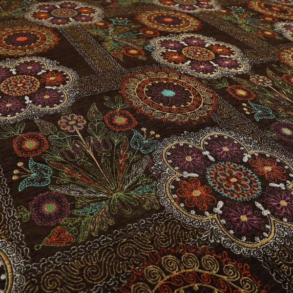 Zamorin Detailed Colourful Weave Patchwork Theme Pattern Brown Multicoloured Chenille Fabric JO-1433 - Made To Measure Curtains