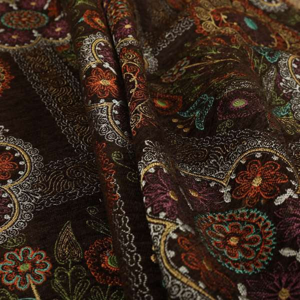 Zamorin Detailed Colourful Weave Patchwork Theme Pattern Brown Multicoloured Chenille Fabric JO-1433