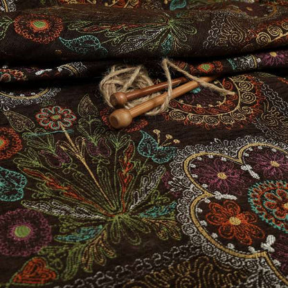 Zamorin Detailed Colourful Weave Patchwork Theme Pattern Brown Multicoloured Chenille Fabric JO-1433