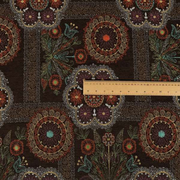 Zamorin Detailed Colourful Weave Patchwork Theme Pattern Brown Multicoloured Chenille Fabric JO-1433 - Made To Measure Curtains