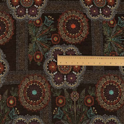 Zamorin Detailed Colourful Weave Patchwork Theme Pattern Brown Multicoloured Chenille Fabric JO-1433