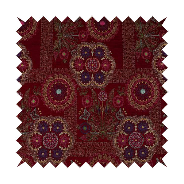 Zamorin Detailed Colourful Weave Patchwork Theme Pattern Red Multicoloured Chenille Fabric JO-1434 - Roman Blinds